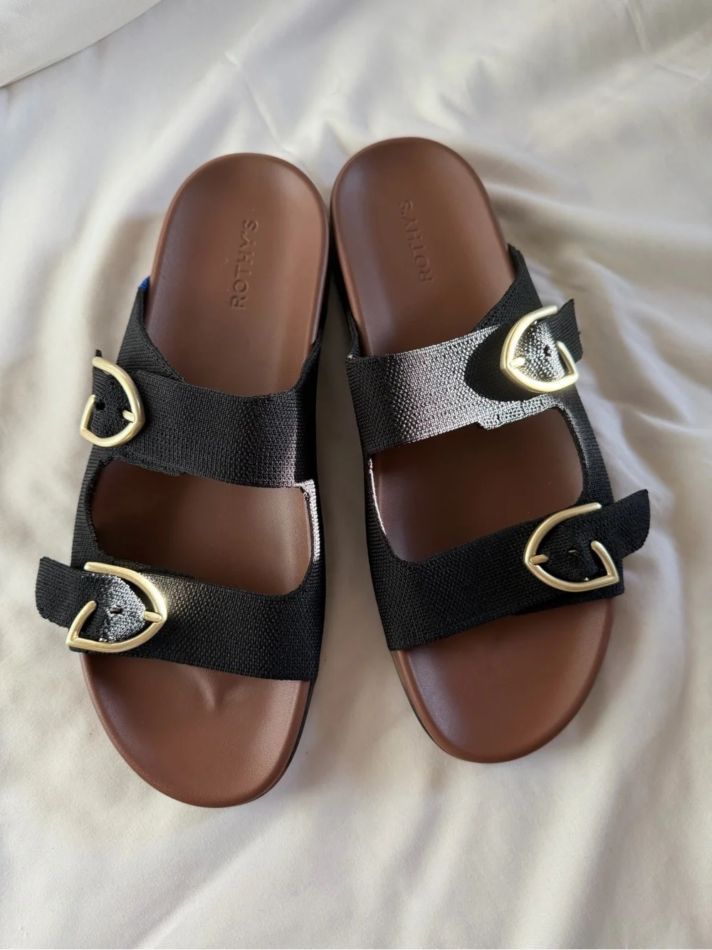 Rothy's Black The Buckle Slide Sandals with Brown Footbed